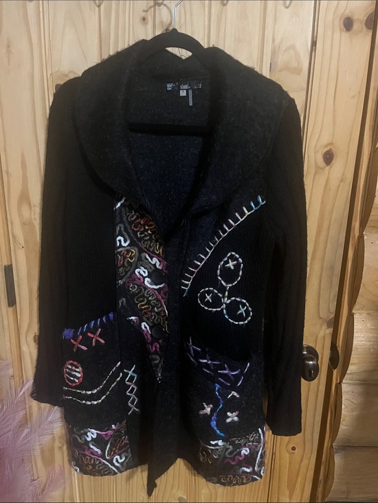 Sioni Sweaters - Sioni Black Wool Blend Cardigan Sweater with Multicolor Embroidery